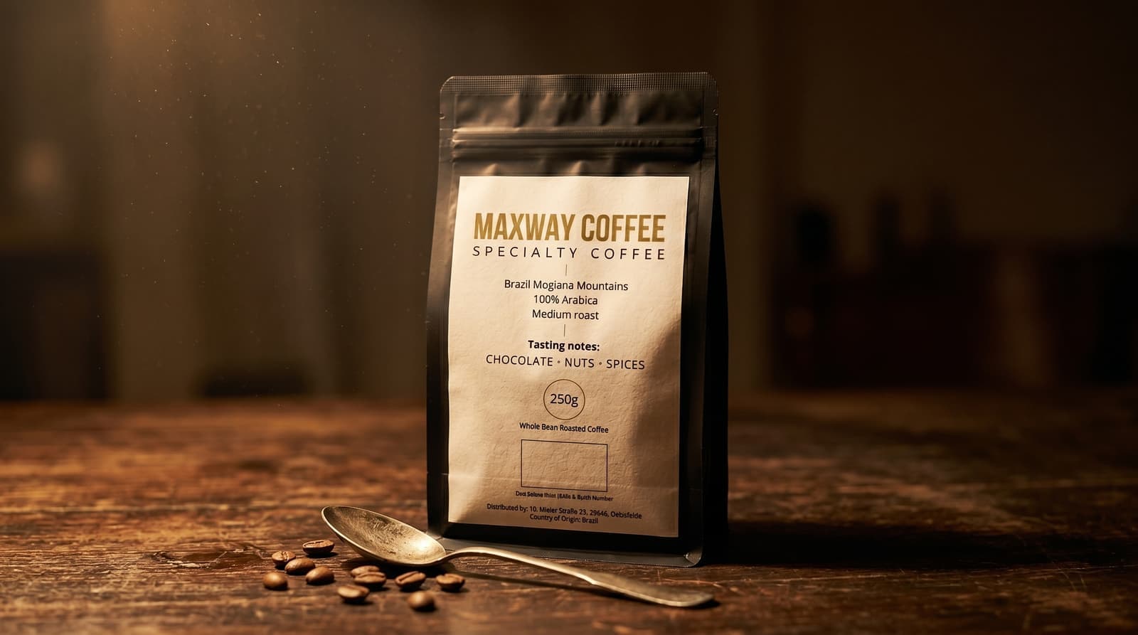 MAXWAY Coffee branded bag with spoon on dark wood surface
